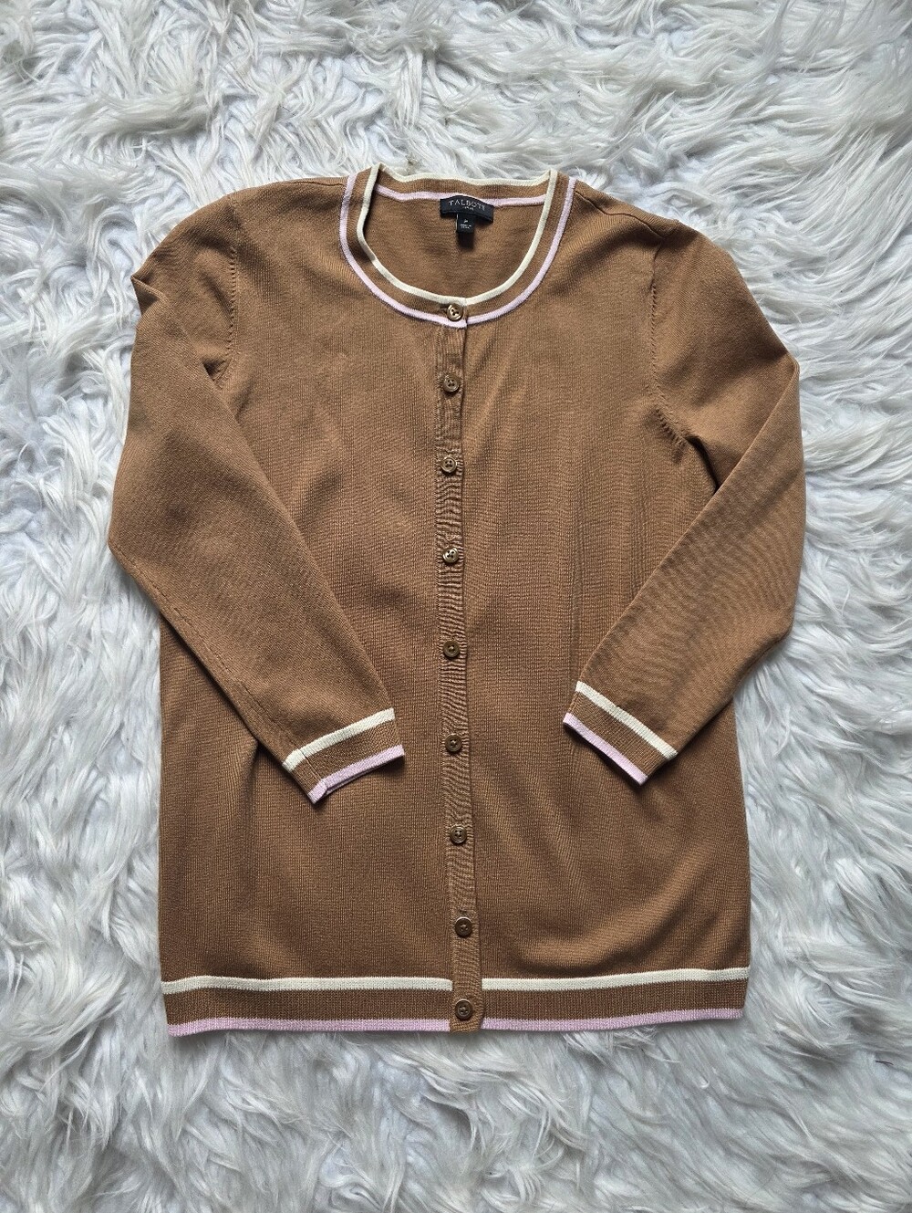 Talbots Camel Brown Button-Front Cardigan with Contrast Trim